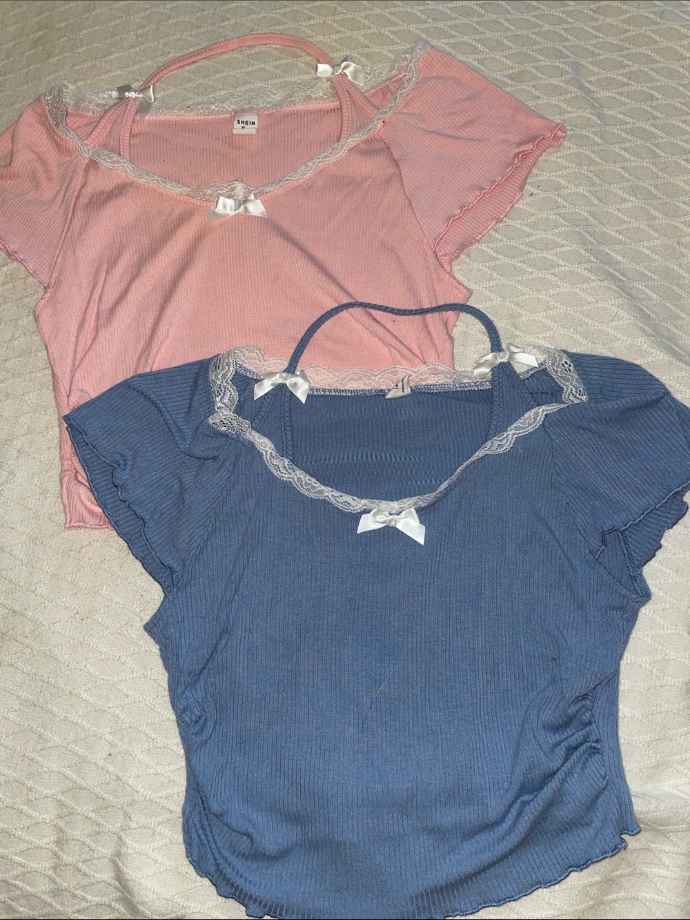 SHEIN Lace-Trim Ribbed Crop Top - Pink & Blue